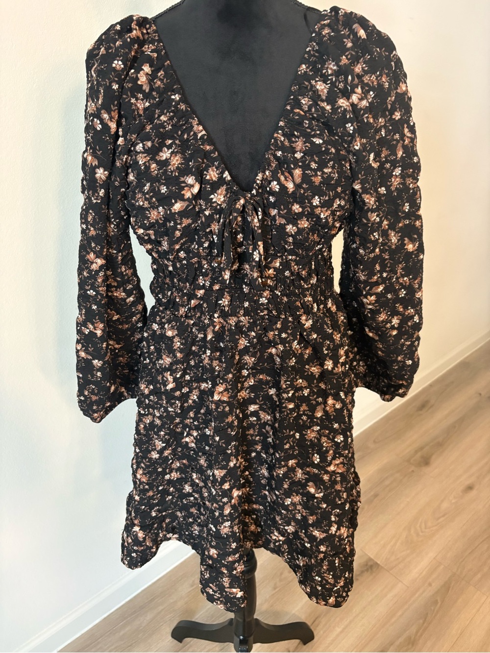 Black Long Sleeve Floral V-Neck Mini Dress with Peach Floral Print